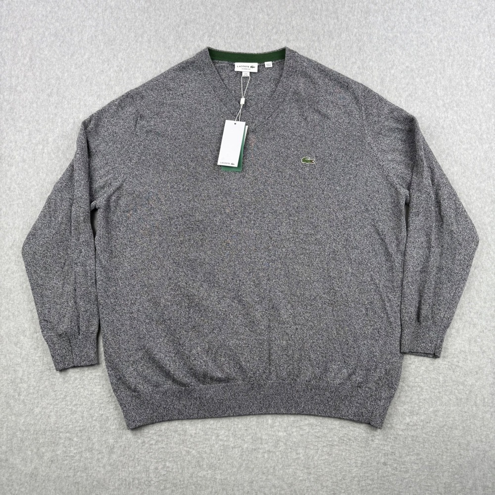 Lacoste Sweater Mens 3XL Gray Classic Fit V Neck Cotton Preppy Pullover NEW